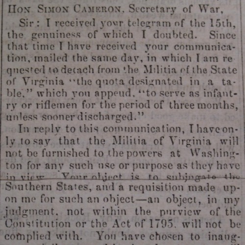 Gov. Letcher's Reply to the Secretary of War