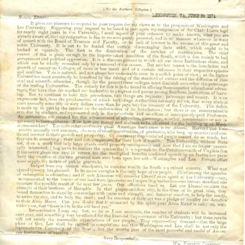 Letter from William Preston Johnston to the Editor of the Washington and Lee University Southern Collegian, June 24, 1874 (correspondence)